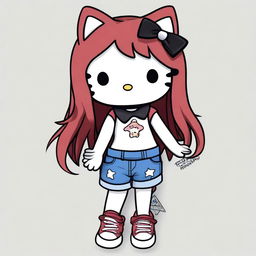 A depiction of a short Hello Kitty with long dark red hair and light tan skin