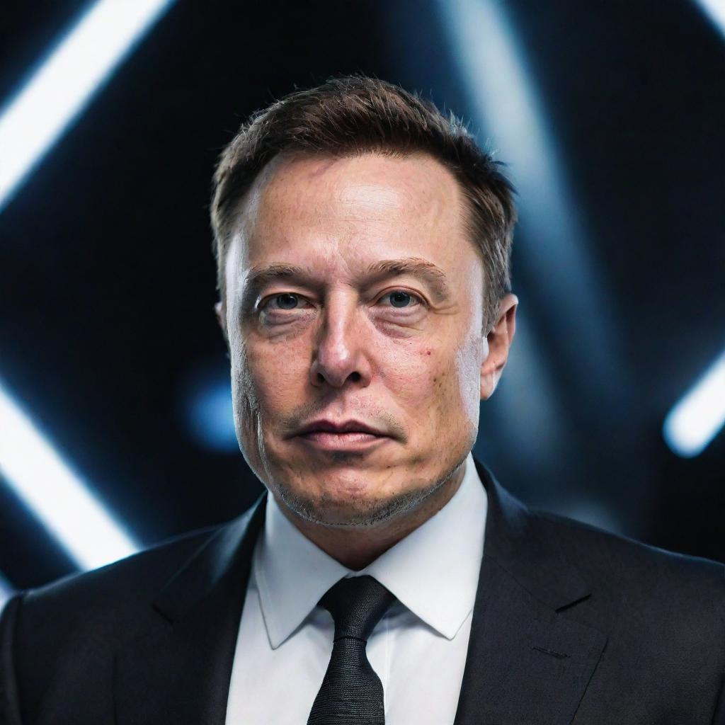 A realistic portrait of Elon Musk, CEO of SpaceX, with a determined expression. He is wearing a business attire. The background is a futuristic space setting matching his vision for space exploration.