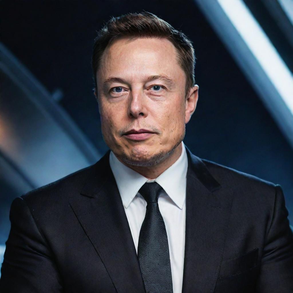 A realistic portrait of Elon Musk, CEO of SpaceX, with a determined expression. He is wearing a business attire. The background is a futuristic space setting matching his vision for space exploration.