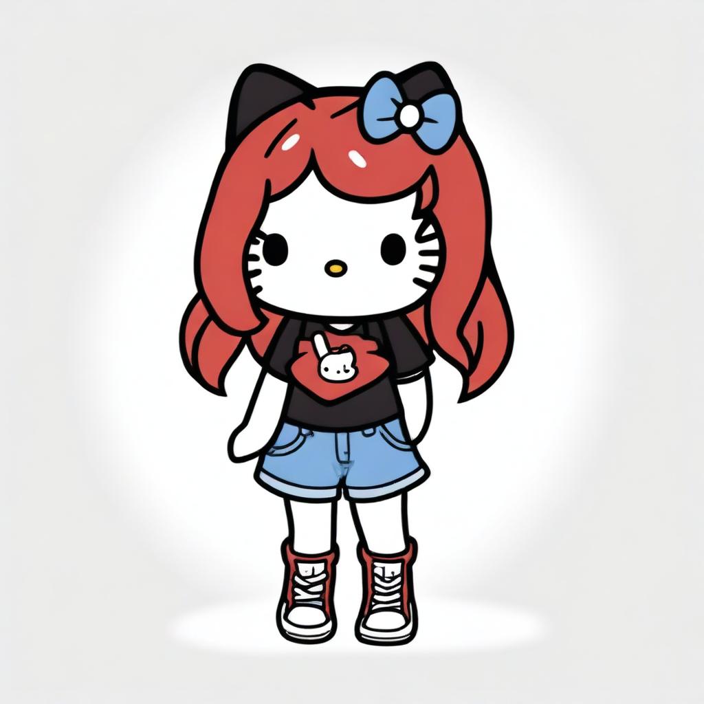 A depiction of a short Hello Kitty with long dark red hair and light tan skin