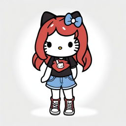 A depiction of a short Hello Kitty with long dark red hair and light tan skin