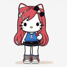 A depiction of a short Hello Kitty with long dark red hair and light tan skin