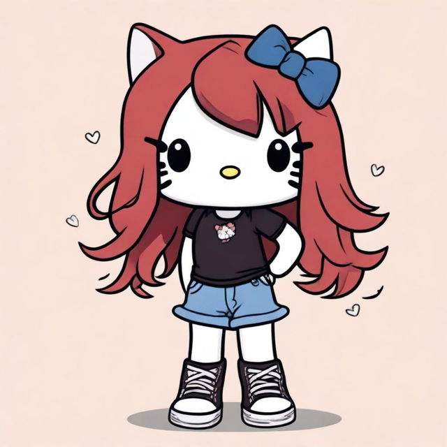 A depiction of a short Hello Kitty with long dark red hair and light tan skin