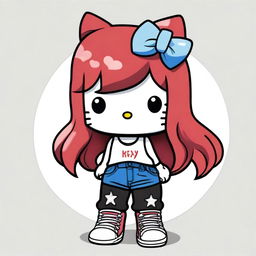 A depiction of a short Hello Kitty with long dark red hair and light tan skin