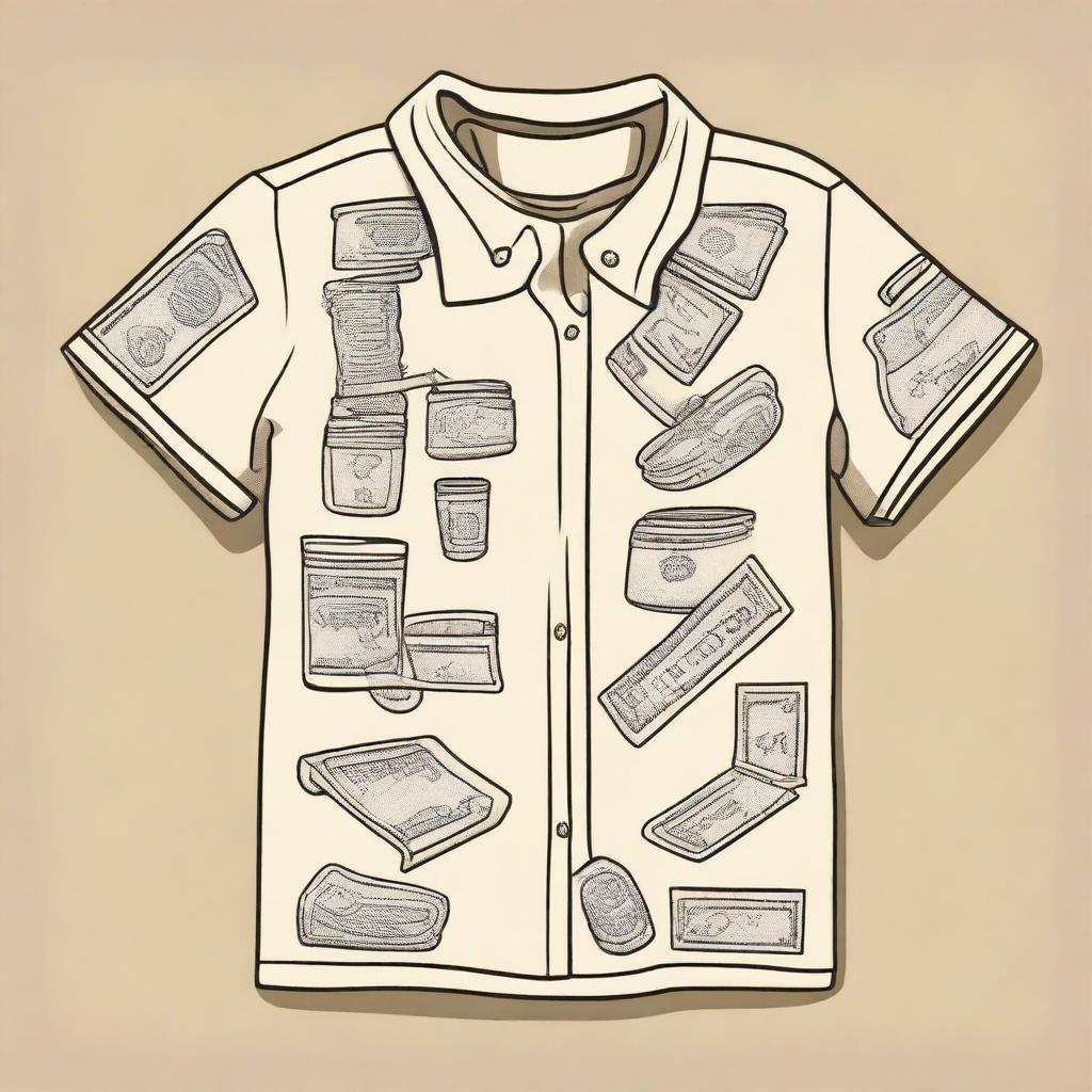 Design a cream-colored shirt with a money laundering theme, incorporating many icons