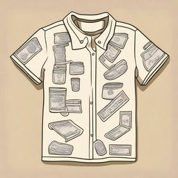 Design a cream-colored shirt with a money laundering theme, incorporating many icons