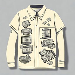 Design a cream-colored shirt with a money laundering theme, incorporating many icons