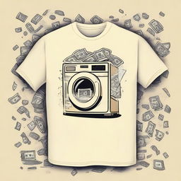 Design a cream-colored shirt with a money laundering theme, incorporating many icons