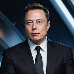 A realistic portrait of Elon Musk, CEO of SpaceX, with a determined expression. He is wearing a business attire. The background is a futuristic space setting matching his vision for space exploration.