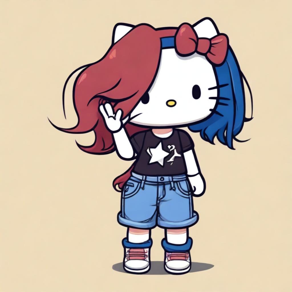 A depiction of a short Hello Kitty with long dark red hair and light tan skin