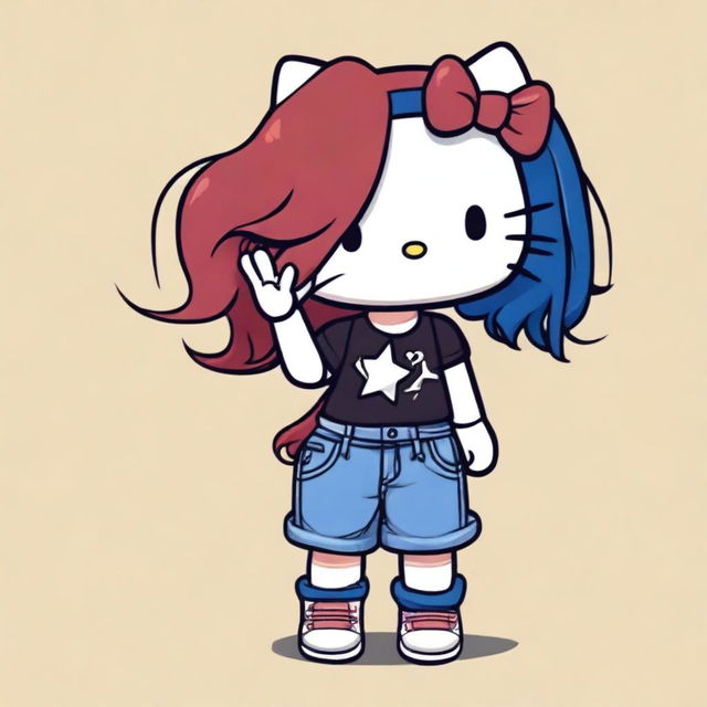 A depiction of a short Hello Kitty with long dark red hair and light tan skin