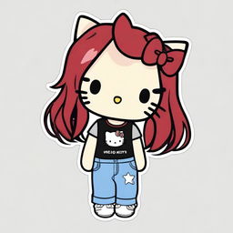 A depiction of a short Hello Kitty with long dark red hair and light tan skin