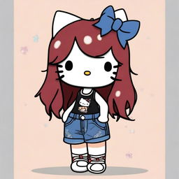 A depiction of a short Hello Kitty with long dark red hair and light tan skin