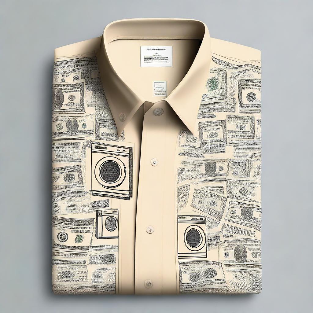 Create a cream-colored shirt with a money laundering theme, filled with many icons