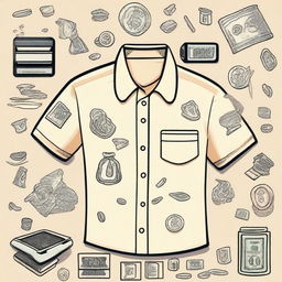 Create a cream-colored shirt with a money laundering theme, filled with many icons