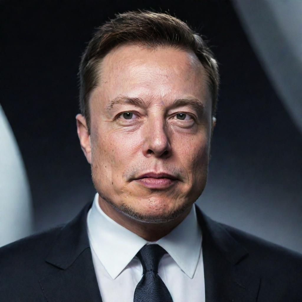 A realistic portrait of Elon Musk, CEO of SpaceX, with a determined expression. He is wearing a business attire. The background is a futuristic space setting matching his vision for space exploration.