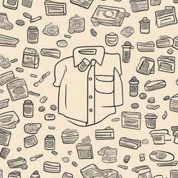 Create a cream-colored shirt with a money laundering theme, filled with many icons