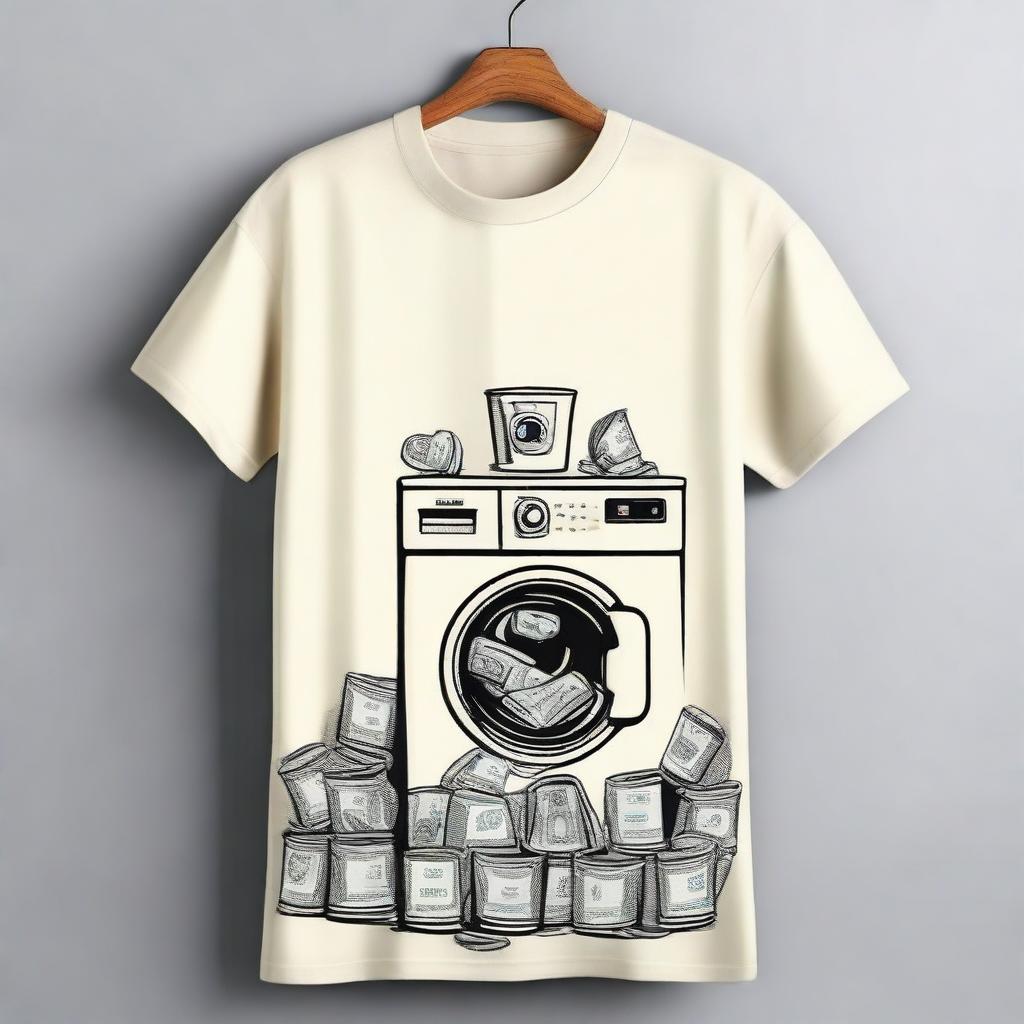 Design a cream-colored shirt with a money laundering theme, prominently featuring washing machines