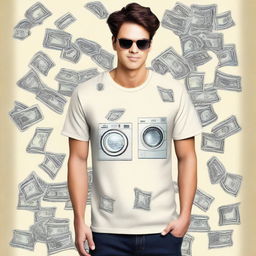 Design a cream-colored shirt with a money laundering theme, prominently featuring washing machines