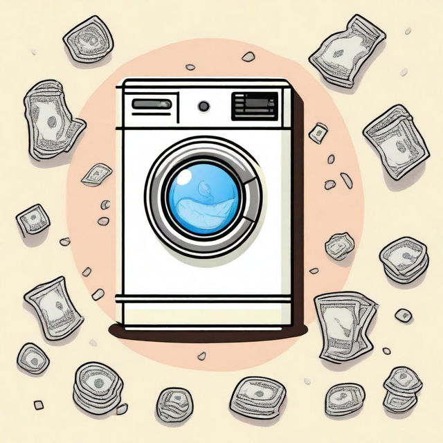 Design a cream-colored shirt with a money laundering theme, prominently featuring washing machines