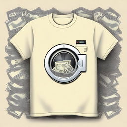 Design a cream-colored shirt with a money laundering theme, prominently featuring washing machines