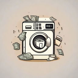 Create a cream-colored shirt with a money laundering theme, prominently featuring washing machines and various icons