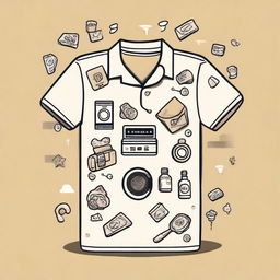 Create a cream-colored shirt with a money laundering theme, prominently featuring washing machines and various icons