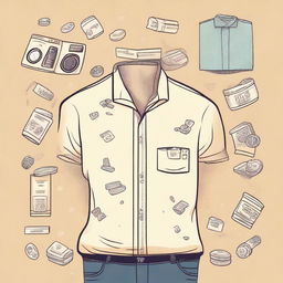 Create a cream-colored shirt with a money laundering theme, prominently featuring washing machines and various icons