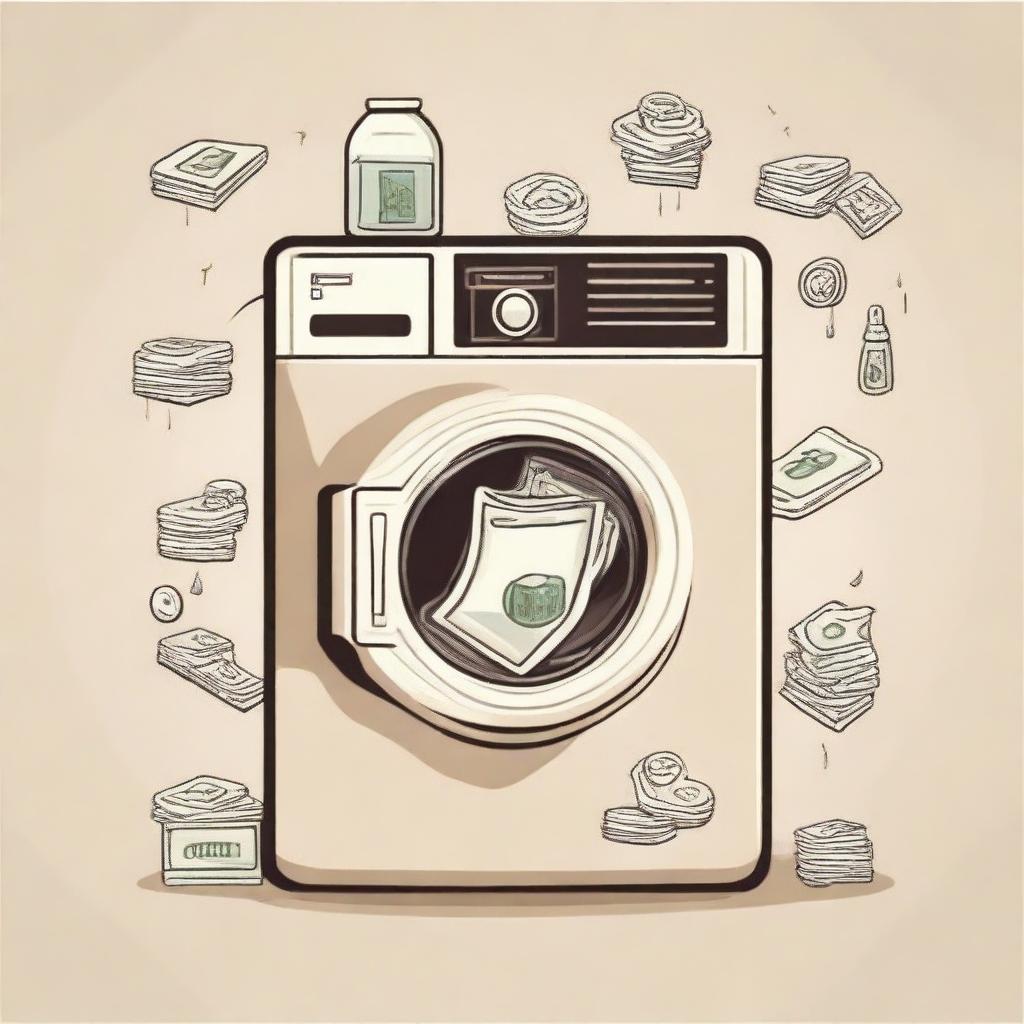 Create a cream-colored shirt with a money laundering theme, prominently featuring washing machines and various icons