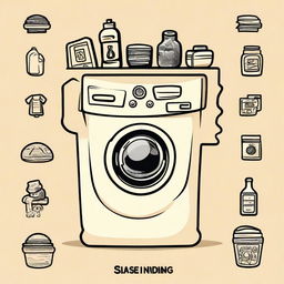 Create a cream-colored shirt with a money laundering theme, prominently featuring washing machines and various icons