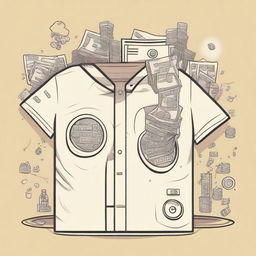 Create a cream-colored shirt with a money laundering theme, prominently featuring washing machines and various icons