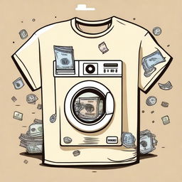 Create a cream-colored shirt with a money laundering theme, prominently featuring washing machines and various icons