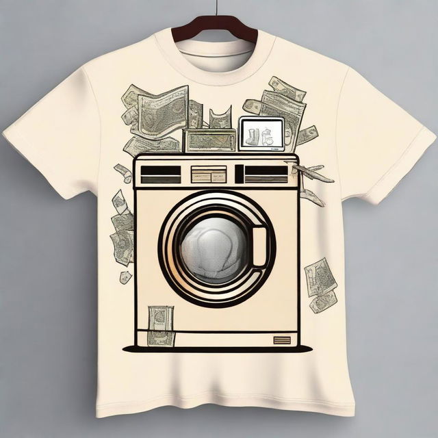 Create a cream-colored shirt with a money laundering theme, prominently featuring washing machines and various icons