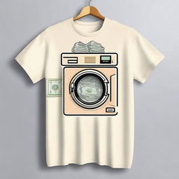 Create a cream-colored shirt with a money laundering theme, prominently featuring a stylish washing machine design