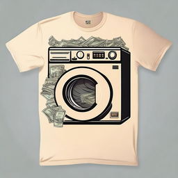 Create a cream-colored shirt with a money laundering theme, prominently featuring a stylish washing machine design