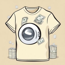 Create a cream-colored shirt with a money laundering theme, prominently featuring a stylish washing machine design