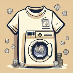 Create a cream-colored shirt with a money laundering theme, prominently featuring a stylish washing machine design