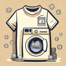 Create a cream-colored shirt with a money laundering theme, prominently featuring a stylish washing machine design