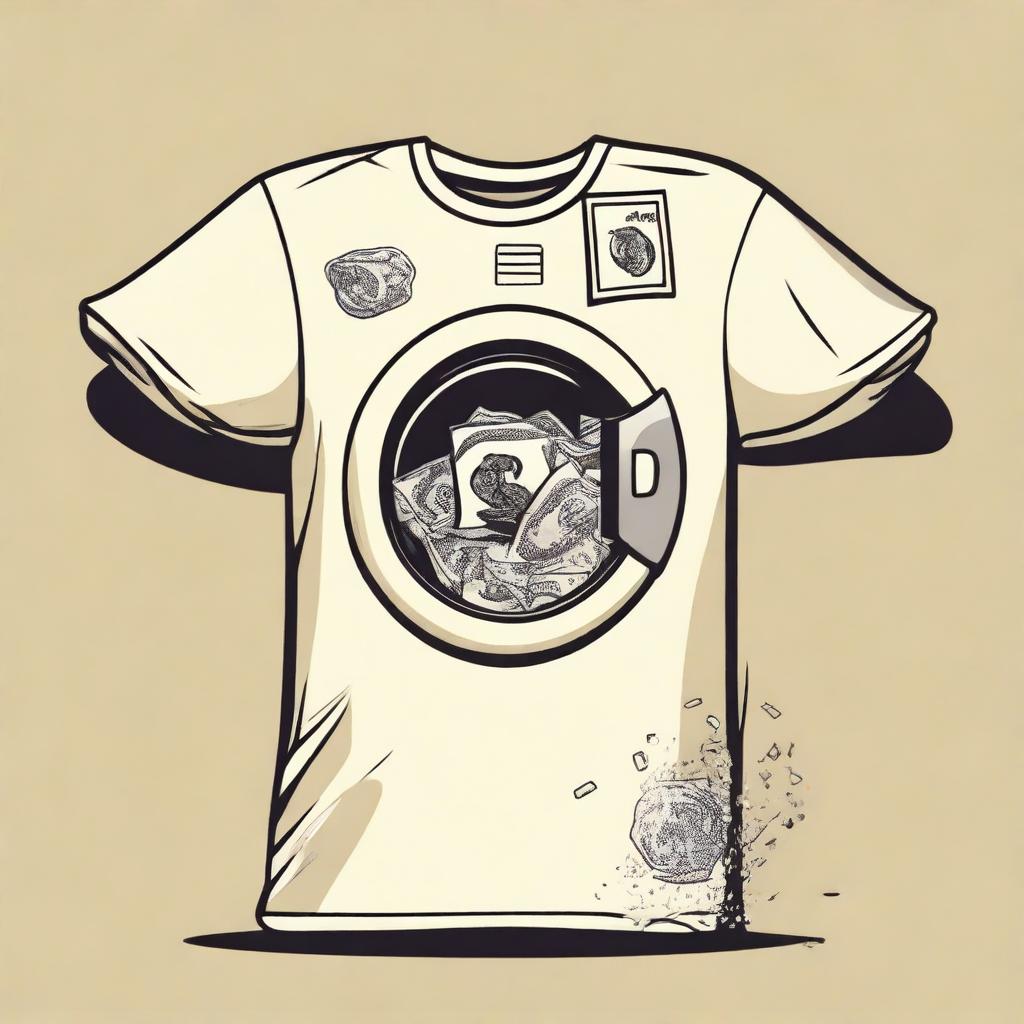 Design a cream-colored shirt with a money laundering theme, featuring separate designs for the front and back