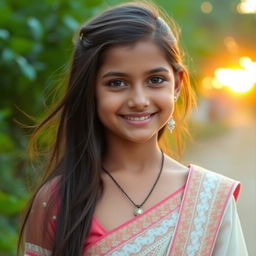 A beautiful young Indian girl with an innocent face, wearing traditional clothing