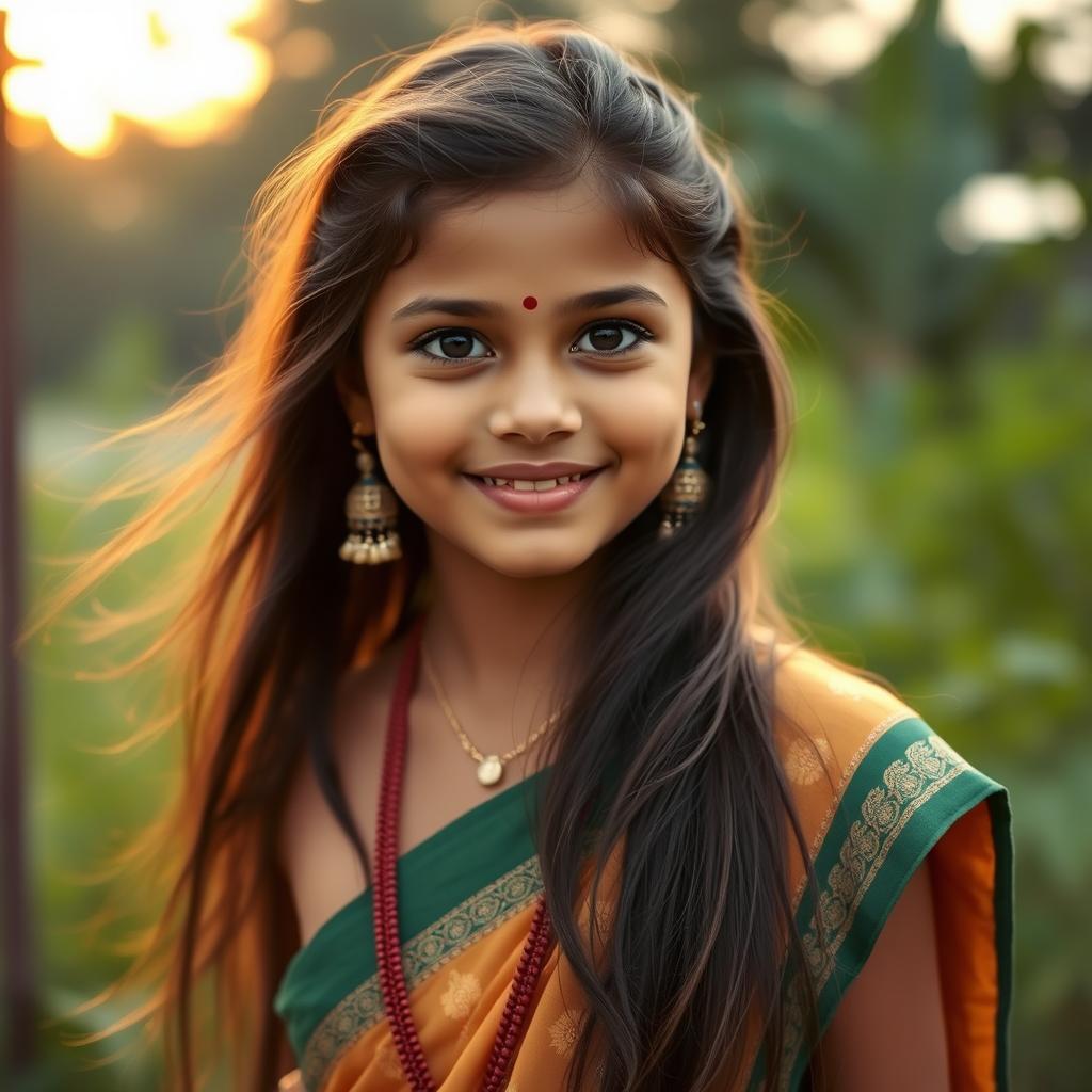 A beautiful young Indian girl with an innocent face, wearing traditional clothing