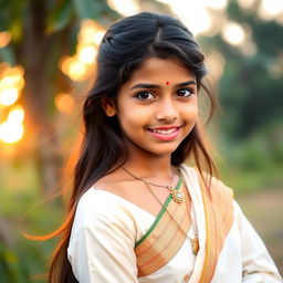 A beautiful young Indian girl with an innocent face, wearing traditional clothing