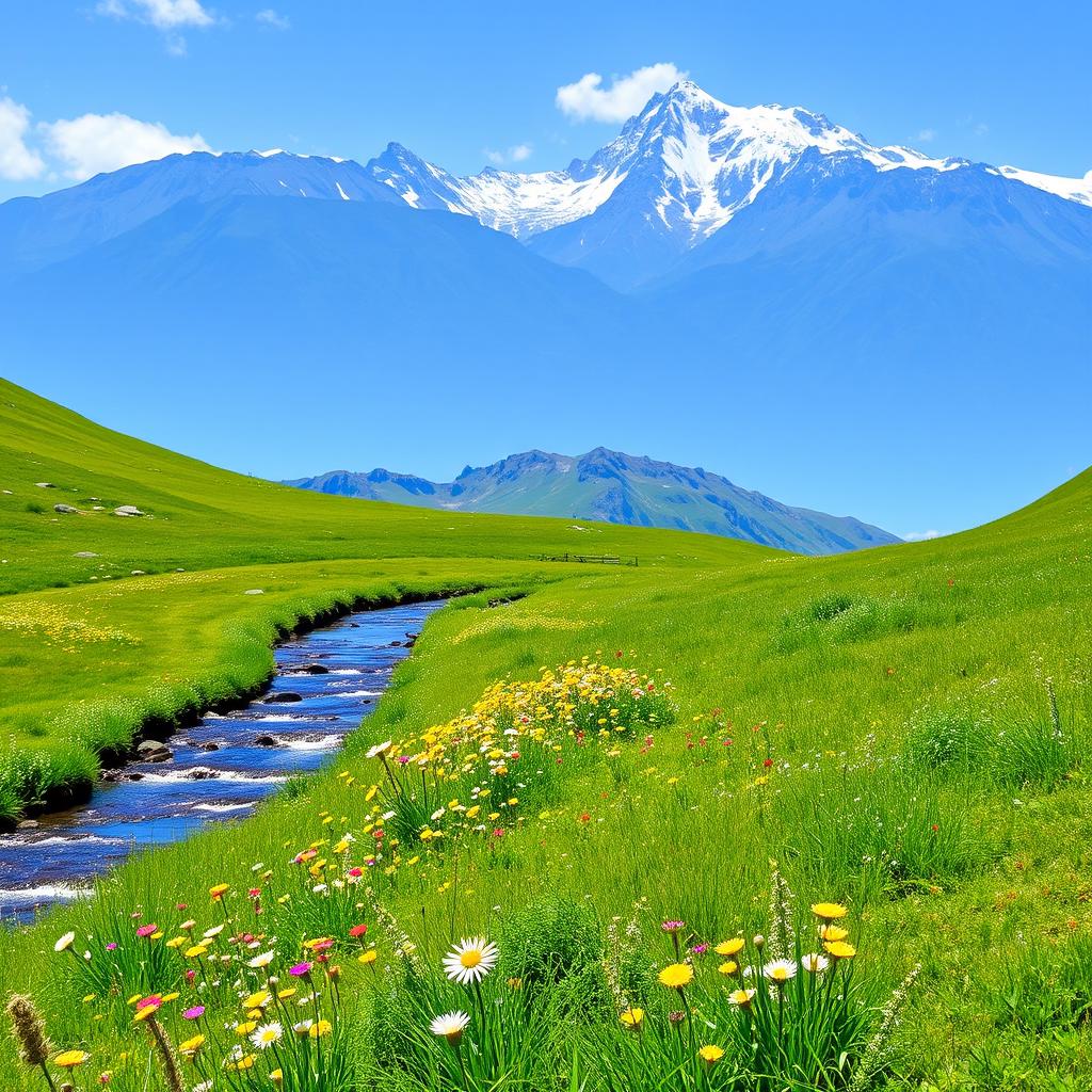 A serene landscape featuring a lush green meadow with colorful wildflowers, a clear blue sky, and a gentle stream flowing through