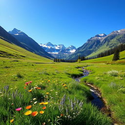 A serene landscape featuring a lush green meadow with colorful wildflowers, a clear blue sky, and a gentle stream flowing through