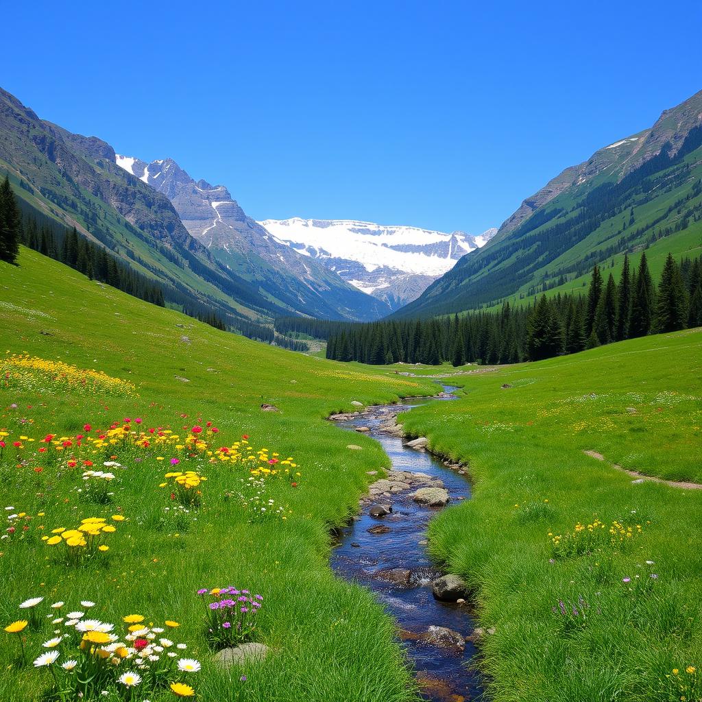 A serene landscape featuring a lush green meadow with colorful wildflowers, a clear blue sky, and a gentle stream flowing through