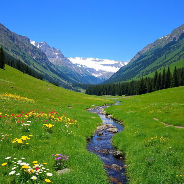 A serene landscape featuring a lush green meadow with colorful wildflowers, a clear blue sky, and a gentle stream flowing through