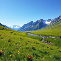 A serene landscape featuring a lush green meadow with colorful wildflowers, a clear blue sky, and a gentle stream flowing through