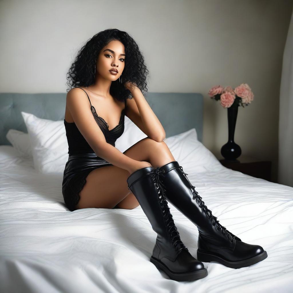 A professional photoshoot scene for a black lingerie album featuring a woman in elegant black lingerie and high leather Doc Martens platform boots, sitting on a luxurious bed
