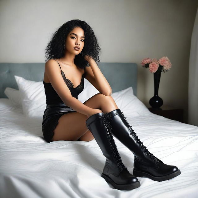 A professional photoshoot scene for a black lingerie album featuring a woman in elegant black lingerie and high leather Doc Martens platform boots, sitting on a luxurious bed