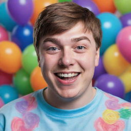 A creative, colorful and realistic portrait of the popular YouTuber known as MrBeast, captured in the middle of a charitable act with a jubilant expression on his face.